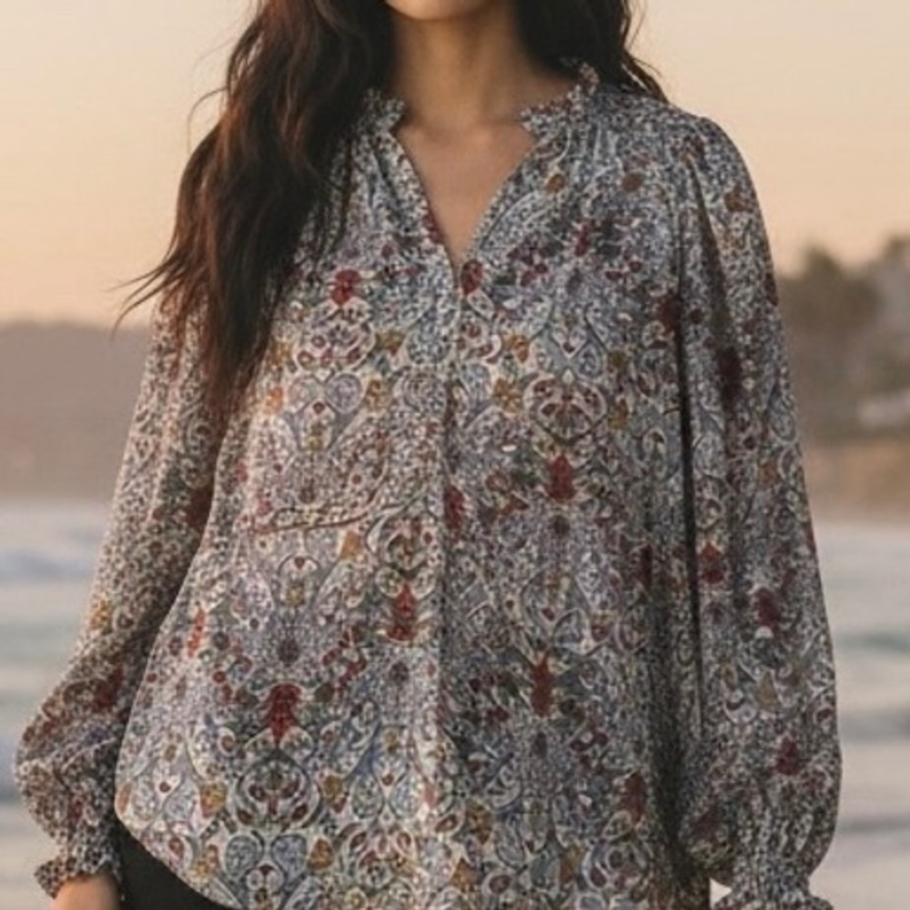 Democracy Womens XL Paisley Floral Smocked Ruffle V-Neck Balloon Sleeve Blouse